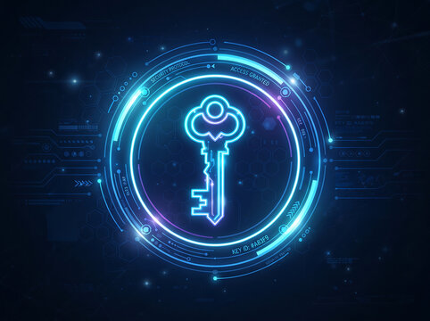 Digital Security Key Illustration with Neon Glowing Circular Interface and Cybersecurity Concept