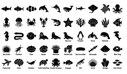 Marine Life and Underwater Ocean Animal Silhouette Icon Bundle Featuring Fish Mammals and Coral Reef Creatures for Educational Design Elements and Graphic Illustrations © Proshanta