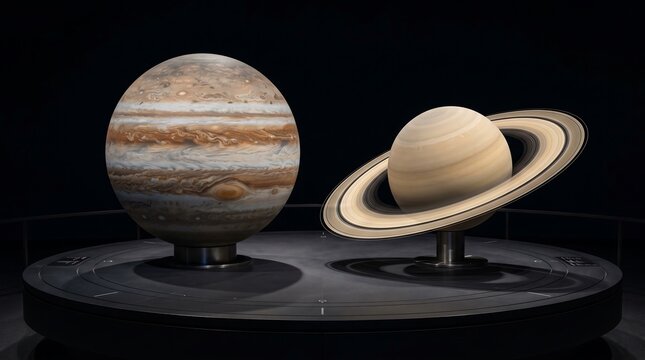 Model of jupiter and saturn planets on a rotating dark base display with astronomy celestial education universe rotating background observation astrophysics research exploration discovery