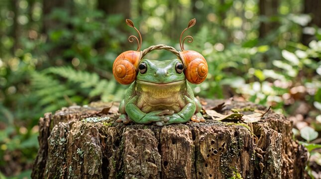 Cute frog wearing snail shell headphones. Whimsical toad sitting on a forest tree stump.
