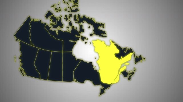 Animated glowing map of Quebec, Canada, with a highlighted outline on a dark gray gradient background, ideal for geography, travel, news, and infographic projects.