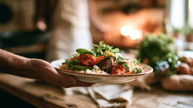 A person holding a plate of food in a rustic kitchen with a fireplace in the background.