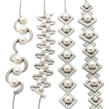 Four exquisite necklaces, each featuring lustrous white pearls and brilliant-cut diamonds in sterling silver settings, on a transparent backdrop with high-key lighting, a display of refined luxury