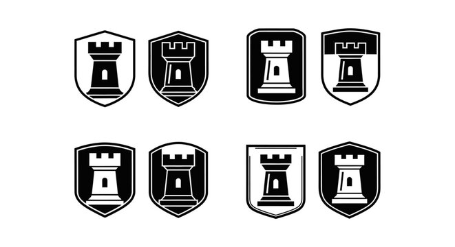 Black and white heraldic shield icons featuring castle tower silhouettes