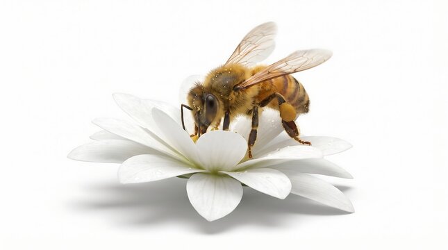 A honey bee collecting nectar from a white flower isolated on white background.