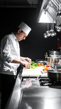 A chef in a white uniform diligently chops herbs on a cutting board in a professional kitchen