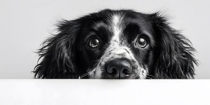 Black and white spaniel with expressive eyes peering over a white surface