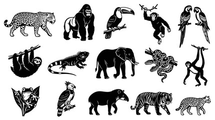 Naklejka premium Set of Black and White Vector Illustrations of Tropical Jungle Animals Wildlife Collection