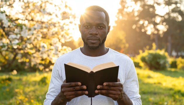 A man of color gazes forward, holding an open book against a blurred sunlit background