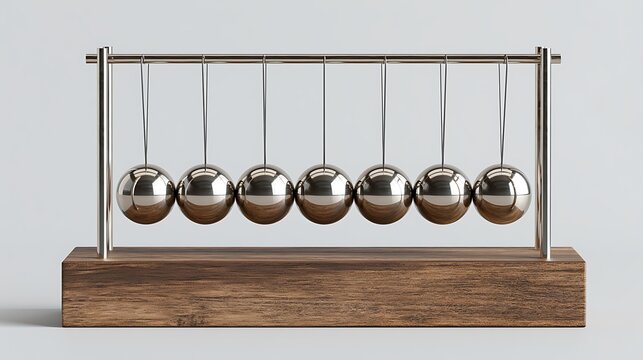 Newton's cradle with chrome balls on a wooden base isolated on white background. Physics motion concept for scientific.