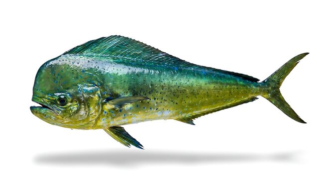 A vibrant mahi mahi fish isolated on a clean white background.