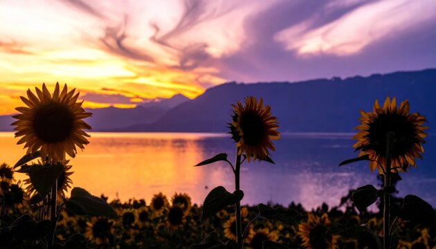 Sunflowers silhouetted against a vibrant sunset sky over a calm lake with mountains in distance