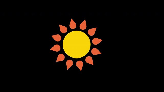 Animated sun cartoon icon with orange flame petals on a black background. Suitable for logos, icons, web designs, and social media.