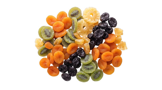 Top view of a colorful mix of assorted dried fruits arranged in a circle isolated on transparent background