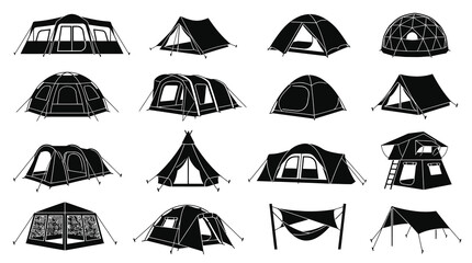 Fototapeta premium Black and White Vector Icons of Various Camping Tents, Outdoor Gear