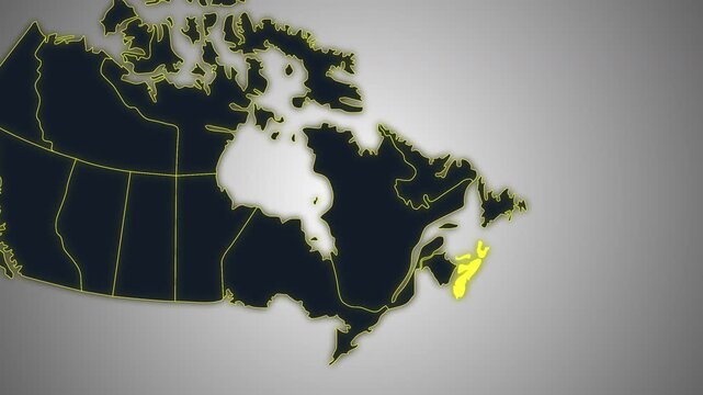 Animated glowing map of Nova Scotia, Canada, with a highlighted outline on a dark gray gradient background, ideal for geography, travel, news, and infographic projects.