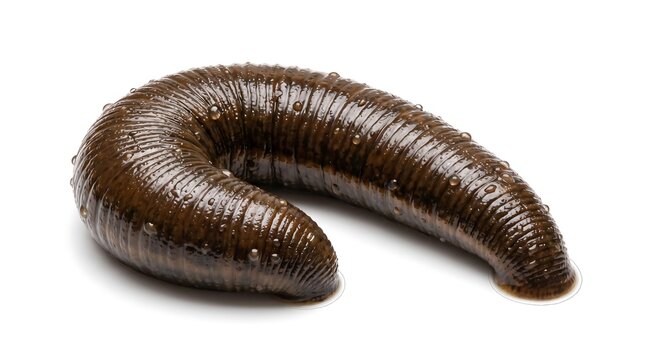 A single brown medicinal leech isolated on a white background.