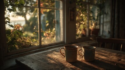 Naklejka premium Warm intimate autumn interior with soft golden light through open window, wooden table with two ceramic mugs, subtle seasonal leaves movement, minimalist cozy composition