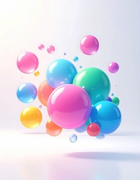 Colorful, glossy spheres of various sizes hover against a soft white gradient background