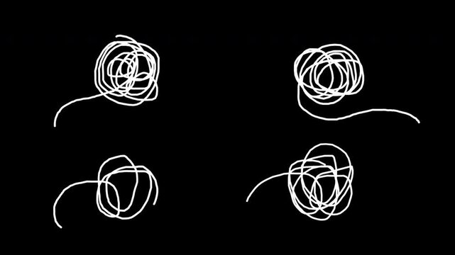 Hand drawn tangle scrawl pack with sketch animation, set of 4 doodle  tangle scrawl with white . Alpha channel only 4k