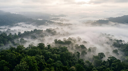 Obraz premium Aerial View of Misty Forest Canopy Covered in Morning Fog
