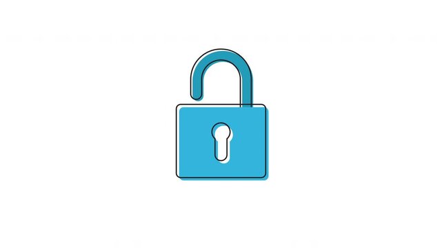 Seamless looping open padlock icon animation in blue on white background for security, access, privacy, and data protection concepts