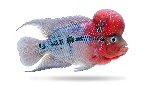 A beautiful Flowerhorn cichlid fish isolated on a clean white background.