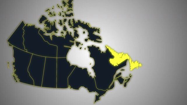 Animated glowing map of Newfoundland and Labrador, Canada, with a highlighted outline on a dark gray gradient background, ideal for geography, travel, news, and infographic projects.