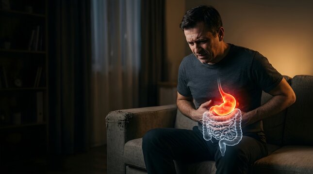Man Suffering from Severe Stomachache with Glowing Anatomy Overlay
