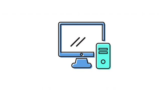 Seamless looping blue and green desktop computer icon animation on white background for technology, digital devices, and office equipment concepts