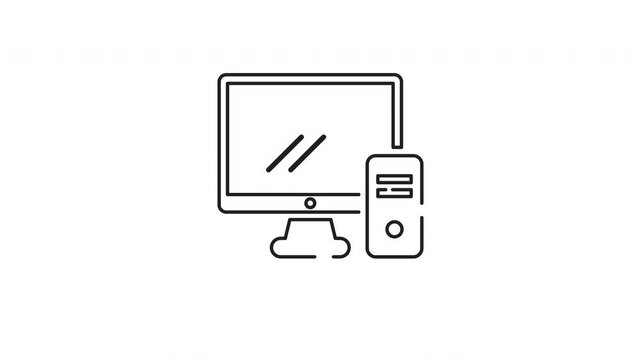 Seamless looping black and white desktop computer icon animation on white background for technology, digital, and office equipment concepts