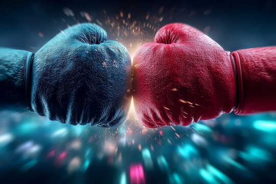 Blue and red boxing gloves colliding with sparks