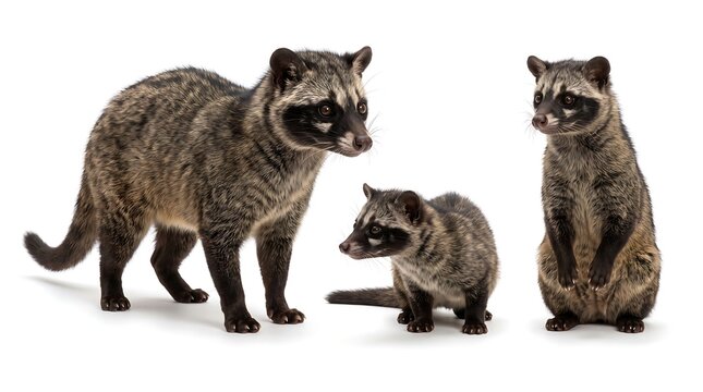 Three Asian palm civets standing together isolated on a white background.
