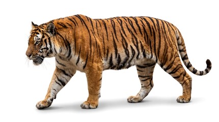Obraz premium A majestic tiger walking isolated on a white background.