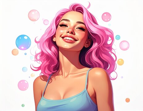 portrait of a happy woman with pink hair, she has bubbles floating around her. white background