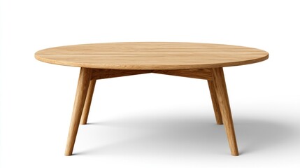 Fototapeta premium A wooden coffee table with a natural finish, featuring a round top and four legs, placed against a white background.