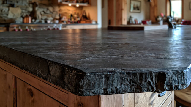 Close-up of a dark textured slate countertop with a chiseled edge in a rustic kitchen. Ideal for interior design and home improvement concepts.