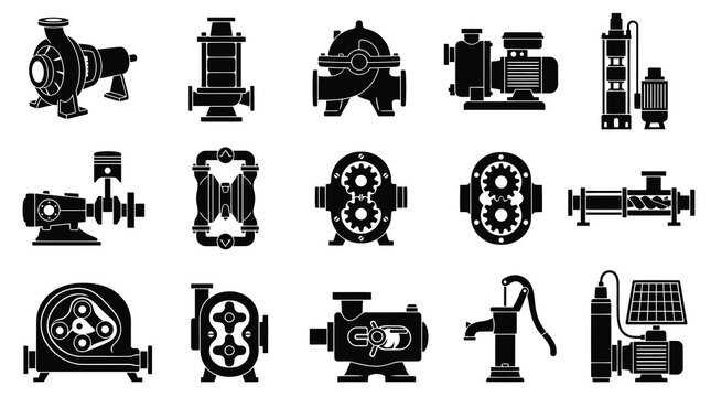 Industrial Pumps Glyph Icons Set. Solid Black Pumping Equipment for Water Management and Engineering Design.