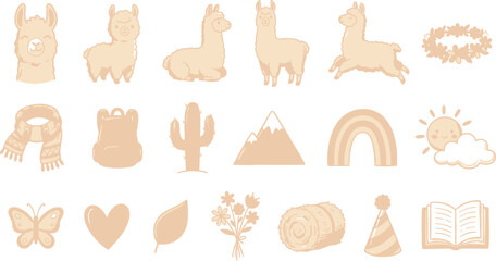Cute llama vector icon set. Kawaii alpaca illustrations with nature elements and symbols. © Septarim