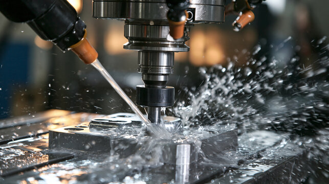 Industrial CNC milling machine cutting metal with coolant splashing. Ideal for manufacturing and engineering industry concepts.