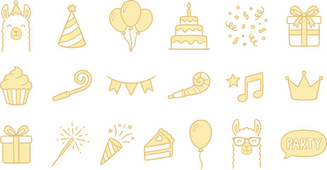 Cute llama birthday party icons. Festive celebration vector set with cake and gifts. © Septarim