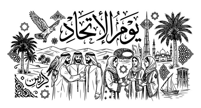 Hand Drawn UAE Union Day Arabic Calligraphy Celebration Monochrome Vector Illustration
