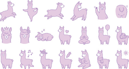 Cute llama vector icon set. Funny alpaca characters in various poses and activities. © Septarim