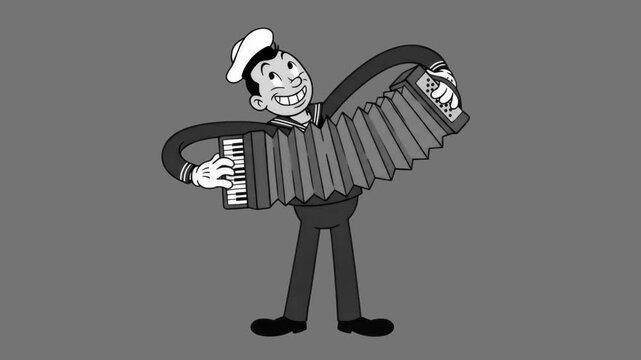 A classic 1930s monochrome rubber hose style sailor man playing a large accordion, isolated on a neutral gray backdrop. Ideal for retro animation clips, vintage music videos, nautical themes, and crea
