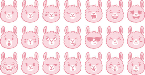 Cute pink llama emoji set. Funny alpaca face icons with various emotions and expressions. © Septarim