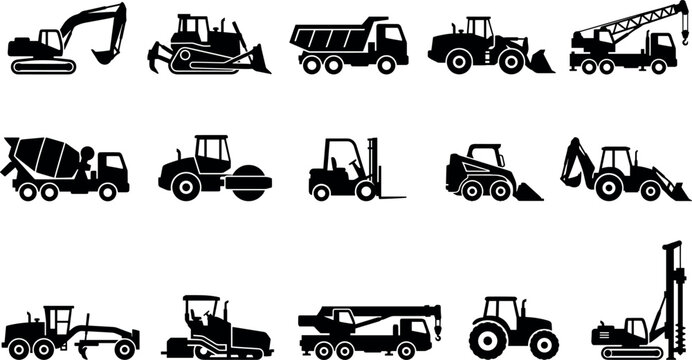 Heavy machinery and construction vehicle silhouette collection vector illustration set featuring excavator, bulldozer, dump truck, crane, and tractor isolated on white.