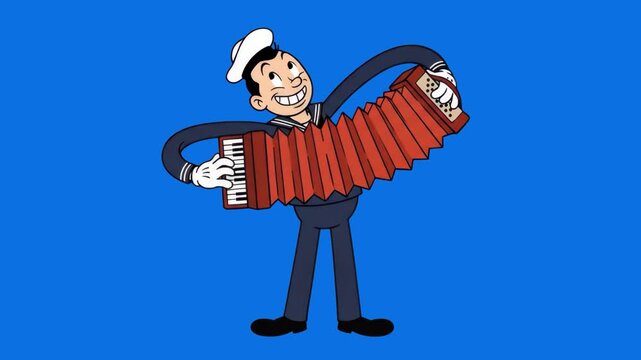 A smiling 1930s rubber hose style sailor mascot wearing a navy suit and sailor hat playing a red accordion against a bright blue studio backdrop. Perfect for nautical themes, sea shanty promotions, vi