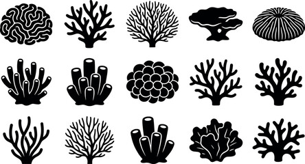 Underwater coral reef silhouette collection vector illustration set featuring brain coral, sea fan, staghorn, and tube sponge isolated on white. © MDSOHAG