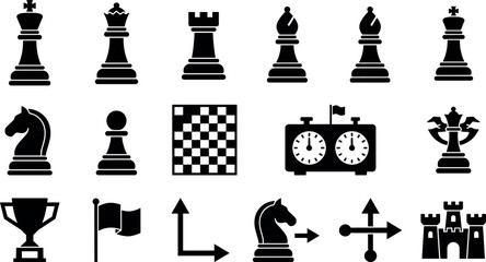Chess game piece silhouette collection vector illustration set featuring king, queen, rook, bishop, knight, pawn, chessboard, and clock isolated on white. © MDSOHAG