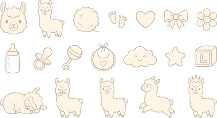 Cute llama baby shower icons. Vector nursery elements for kids design and party decor. © Septarim